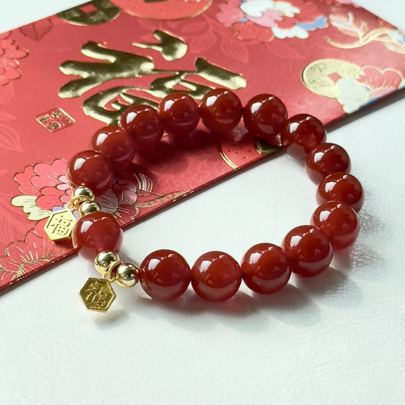 【2026迎马年春节】红玛瑙14K镀金手链 平安祝福 好运 新年送礼 - 手链/手环 - 半宝石 红色
