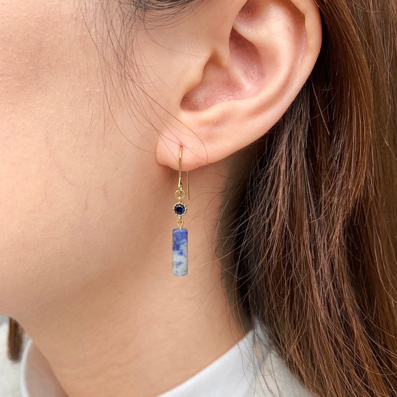 手制蓝纹石小圆柱配深海蓝色锆石耳环 可改耳夹 - 耳环/耳夹 - 水晶 蓝色