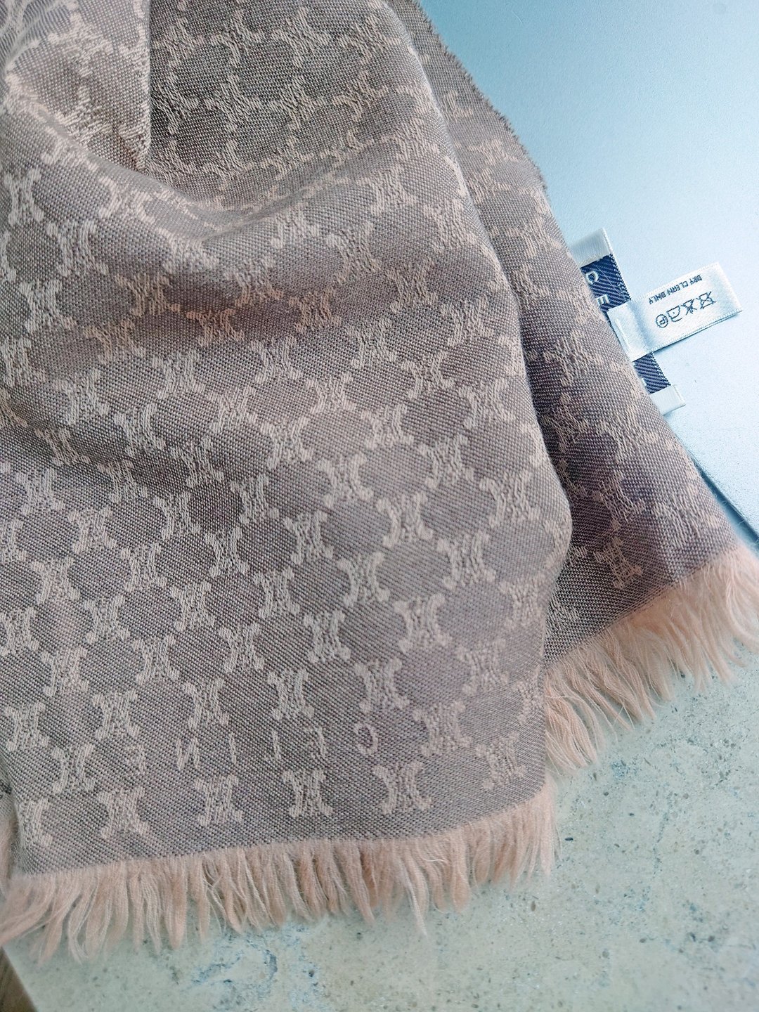 中古孤品 CELINE 老花凯旋门 羊毛 毛毯盖毯颈巾围巾领巾围脖披肩 - 围巾/披肩 - 羊毛 粉红色