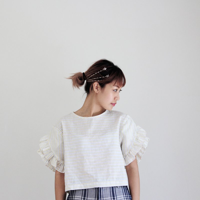 Striped Ruffle Carnation Top (yellow) - 女装上衣 - 棉．麻 黄色