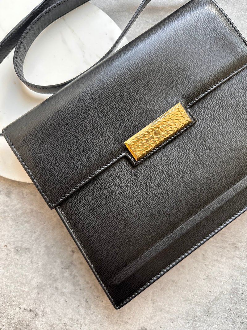 中古包 Christian Dior 中古千鸟格五金标牌斜背包 - 侧背包/斜挎包 - 真皮 黑色
