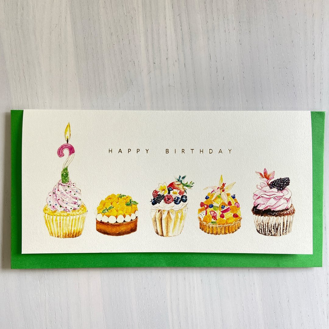 杯子蛋糕生日卡片与绿色信封 - 卡片/明信片 - 纸 多色