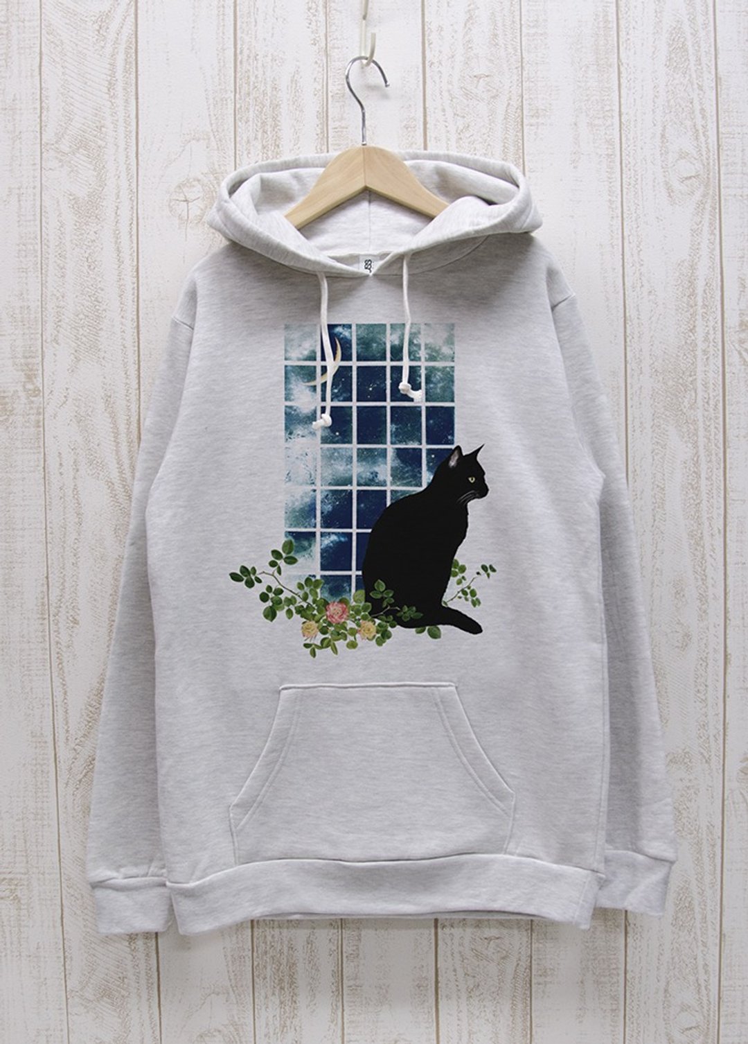 Standing Black Cat Hoodie Window MOON Heather White / R031-P-HWH - 中性连帽卫衣/T 恤 - 棉 白色