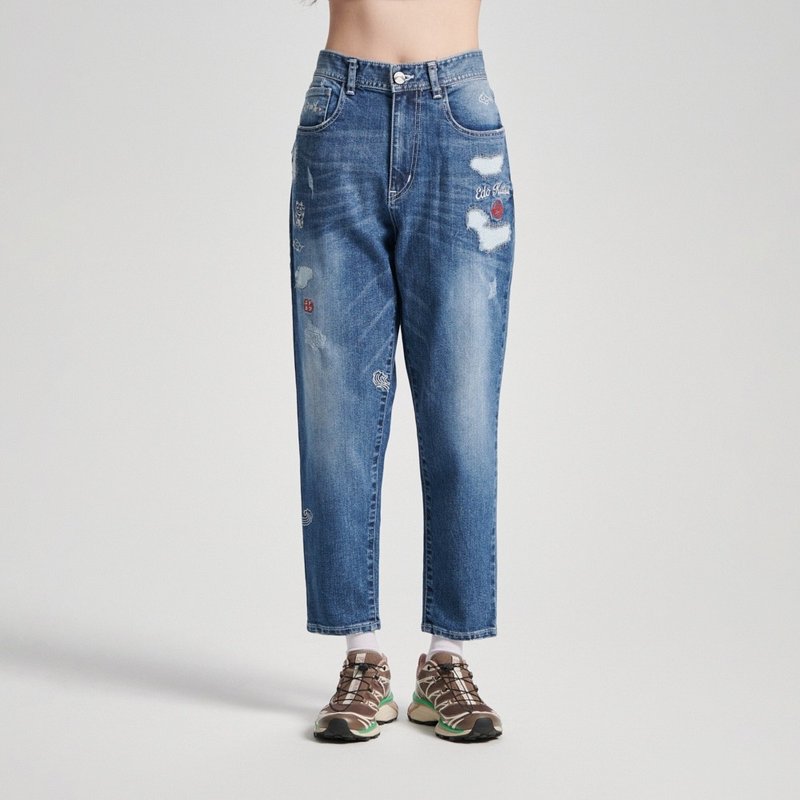 江户胜 日系 男款 刺绣云朵中腰丹宁锥形裤(中古蓝) #裤子 - 男士长裤 - 棉．麻 蓝色