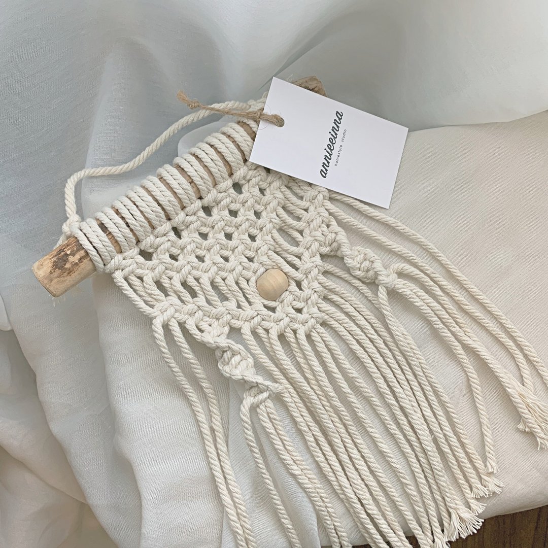 Macrame 编织 自然 原木头 珠珠 吊饰 中型挂饰 - 摆饰 - 棉 白色