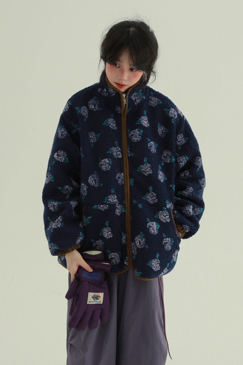 2顏色 復古繁花 花朵立領搖粒絨外套 寬鬆立領拉鏈保暖棉服 - 女装休闲/机能外套 - 聚酯纤维 蓝色