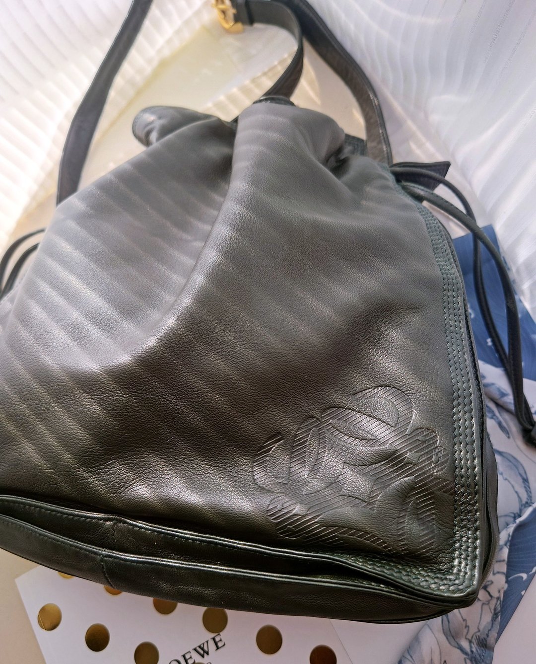 中古美品 Loewe Flamenco 橄榄绿束口袋肩背包斜挎包单肩包束绳包 - 侧背包/斜挎包 - 真皮 绿色