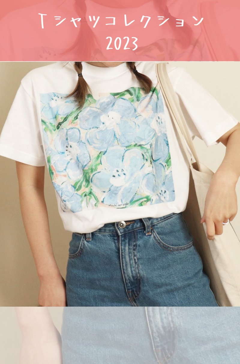 穿着艺术的T恤 蓝眼菊 - 女装 T 恤 - 棉．麻 白色