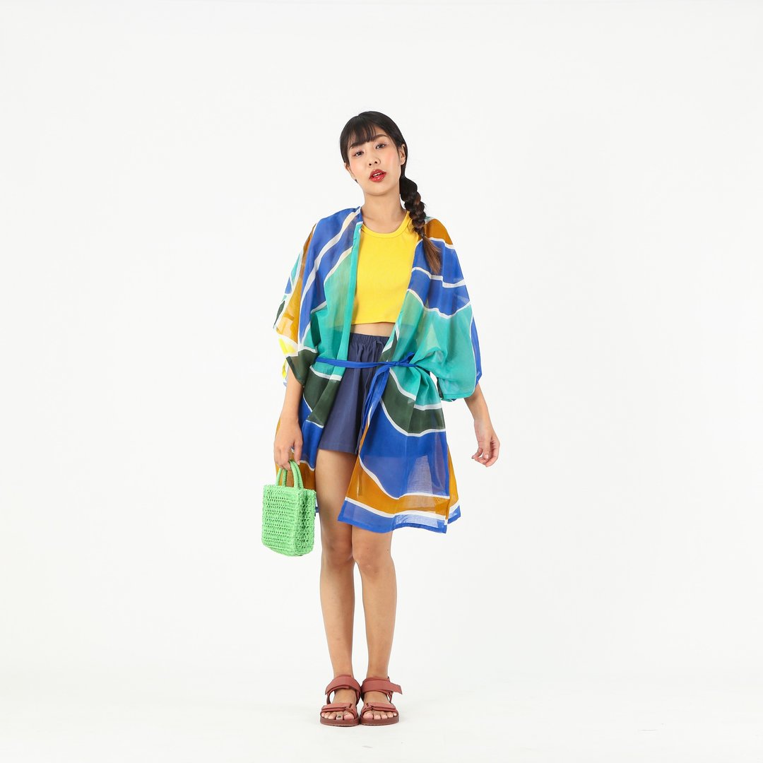 Blouse Kimono Robe Cotton Voile Hand Paint Free Size - 女装上衣 - 棉 蓝色