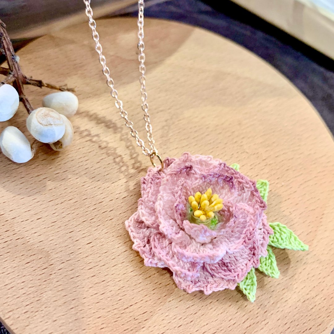 Peony 牡丹 花 钩织 编织 颈链 项链 手染 可定制 礼物 - 项链 - 棉 粉红色