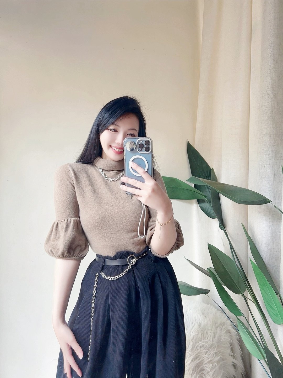 暖暖夕阳卡其立领澎袖 古董羊绒羊毛衣毛衫cashmere sweater - 女装针织衫/毛衣 - 羊毛 卡其色