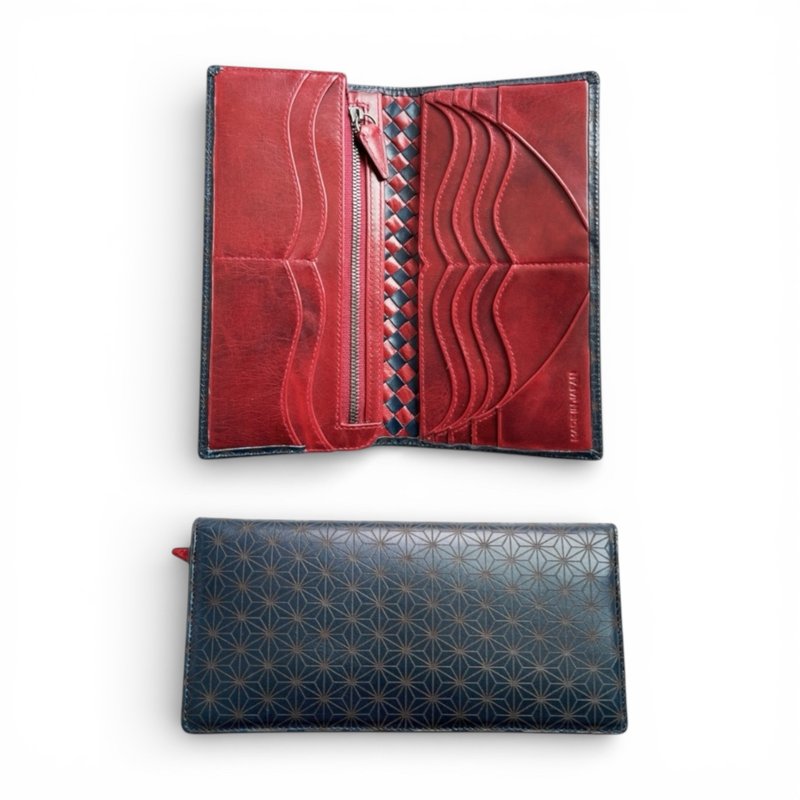 ગ્રાફ (Asanoha) 纹样 Basic 长夹 Type2 意大利 Buttero × 日本国产小牛皮 - 皮夹/钱包 - 真皮 蓝色