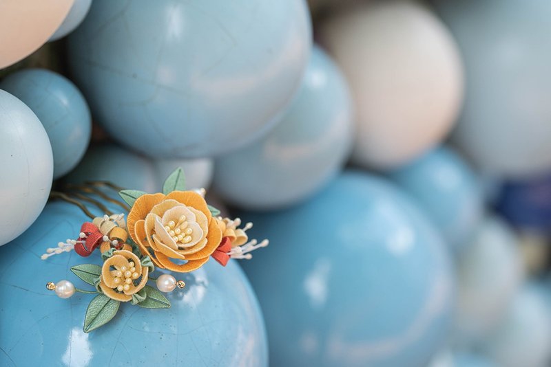 缠花 蔷薇花发梳/四齿梳(嫩黄系) 春仔花 日本绣线 - 发饰 - 绣线 