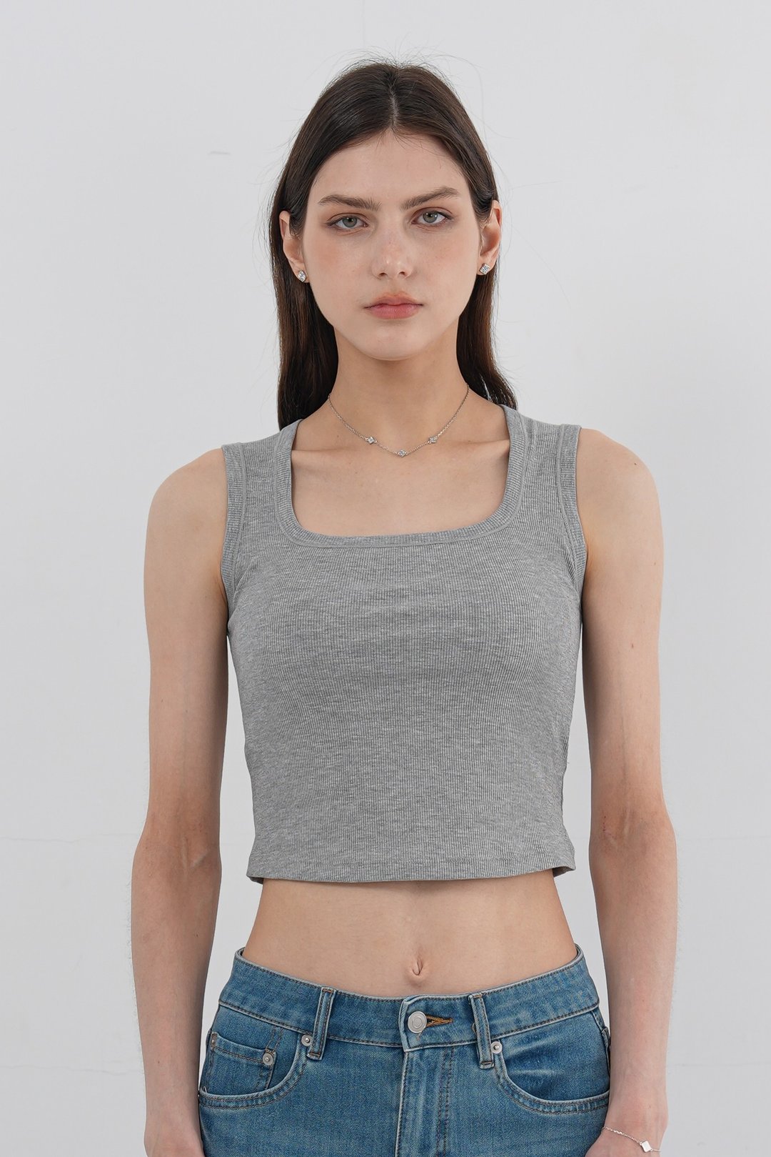 莱赛尔凉感方领包覆罗纹 Bra Top - 浅灰 - 女装背心 - 其他人造纤维 灰色