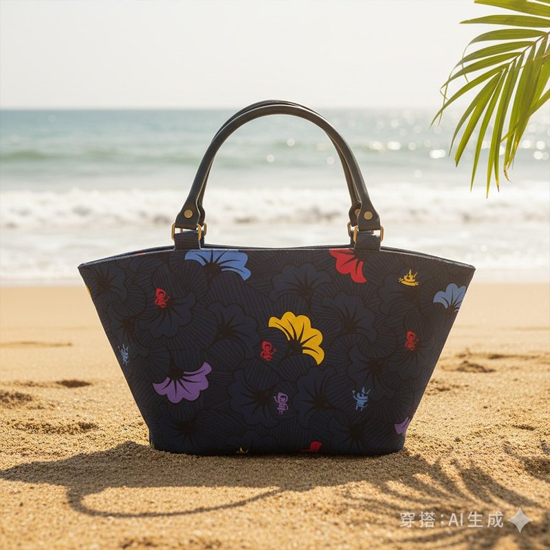 渡假风手提包 浪花朵朵 小红帽大野狼 菜篮子托特包 台湾制 - 手提包/手提袋 - 棉．麻 蓝色