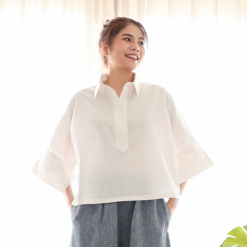 Cotton Shirt with wide sleeves White cotton lady shirt Minimal Shirt - White - 女装衬衫 - 棉．麻 白色