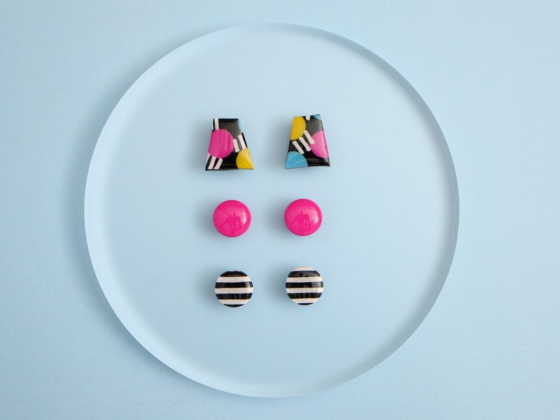 80年代 霓虹色彩条纹 圆点 钉式耳环/耳钉 | 抗金属过敏 | 21 - 耳环/耳夹 - 粘土 多色