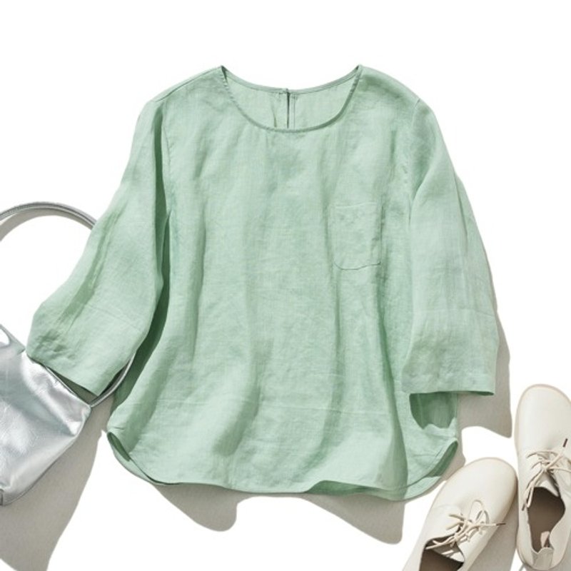 纯亚麻质感 七分袖衬衫 透气亲肤 轻盈舒适 夏日必备   薄绿 240517-3 - 女装上衣 - 棉．麻 