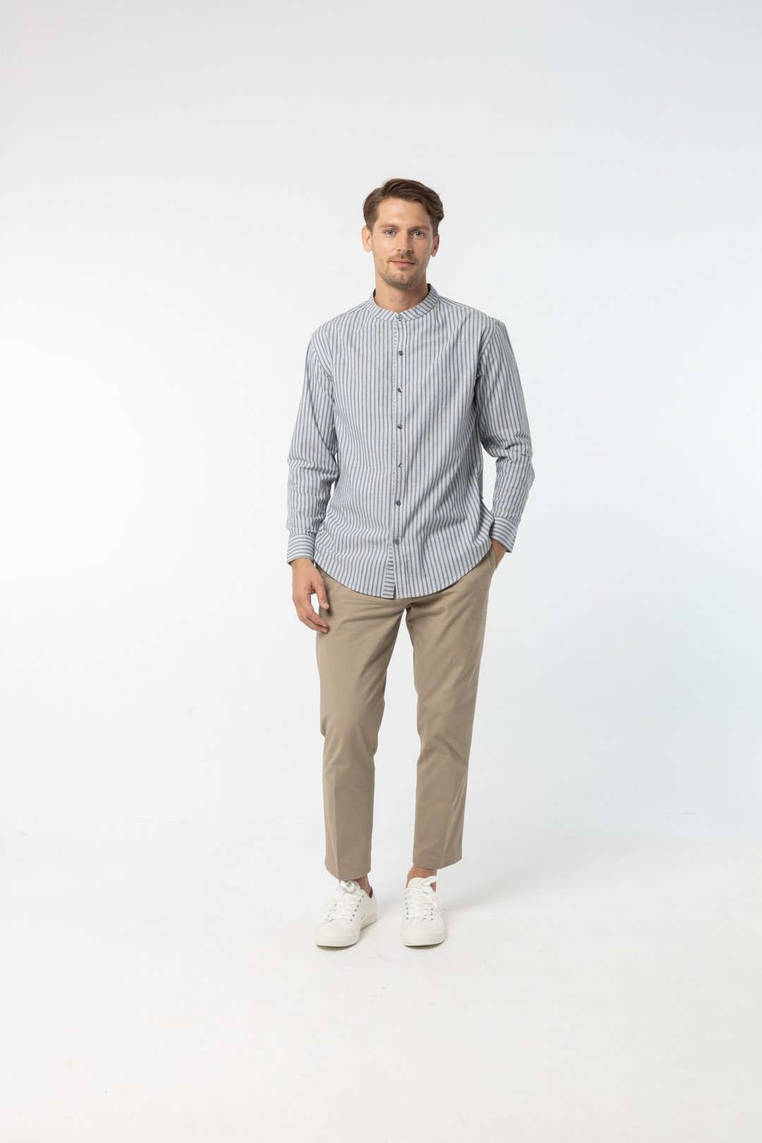Mandarin stripe Shirt : Long Sleeve (Grey, เทาลายริ้ว) 长袖衬衫 - 男装衬衫 - 棉 银色