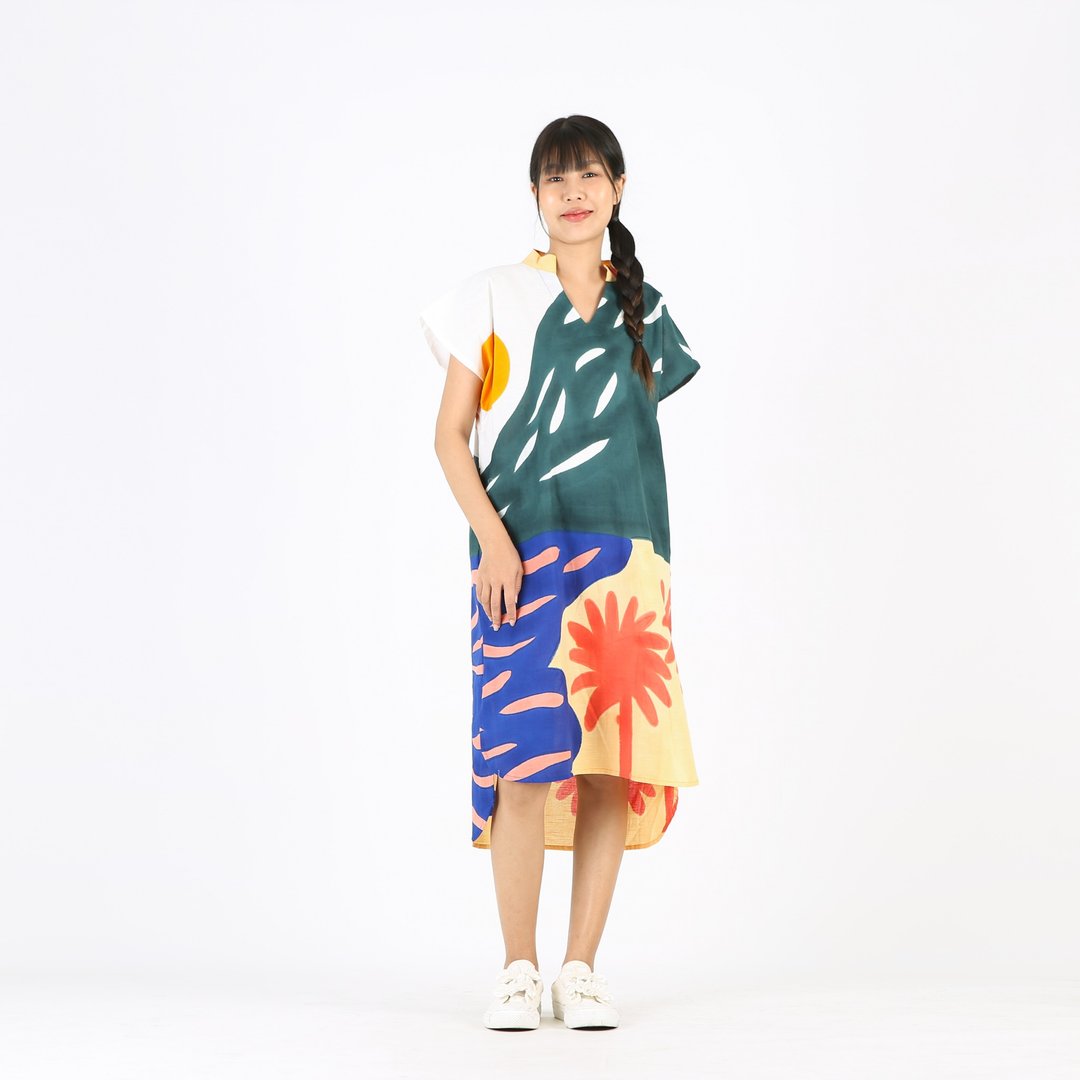 Dress V Nack Linen Hand Paint Free Size - 洋装/连衣裙 - 棉 绿色