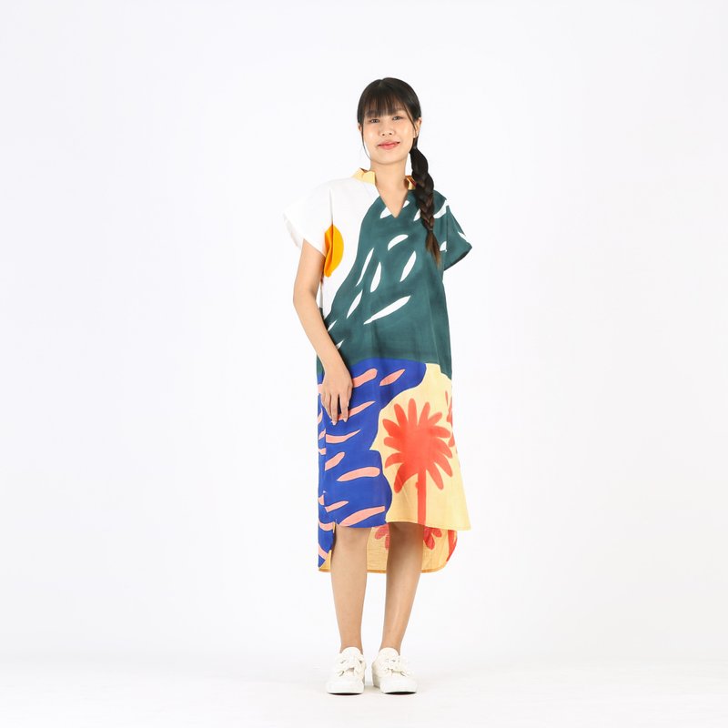 Dress V Nack Linen Hand Paint Free Size - 洋装/连衣裙 - 棉．麻 绿色