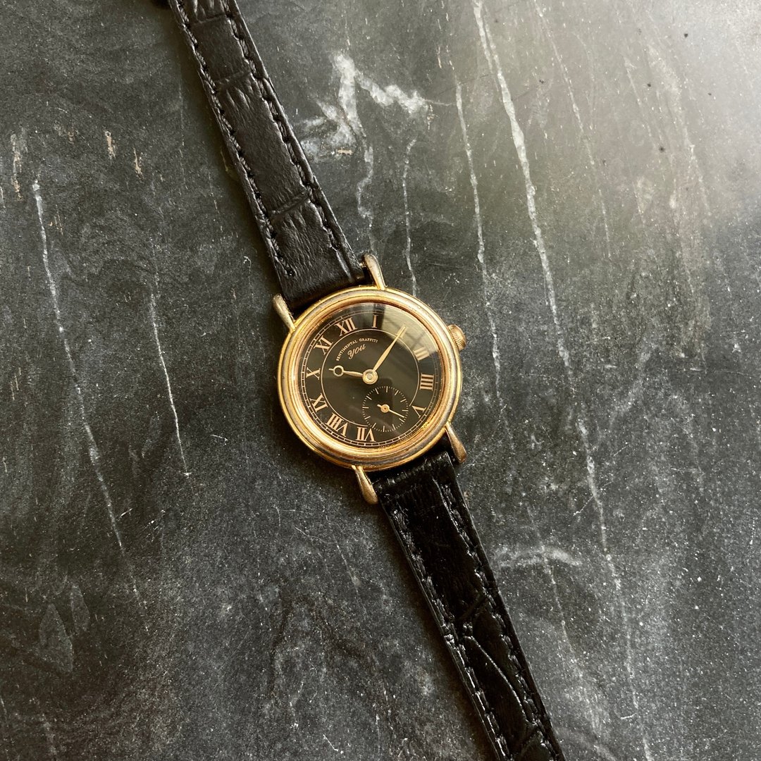 YOU 日本 秒针设计 石英表 真皮表带 古董表 vintage 复古 - 女表 - 其他金属 黑色