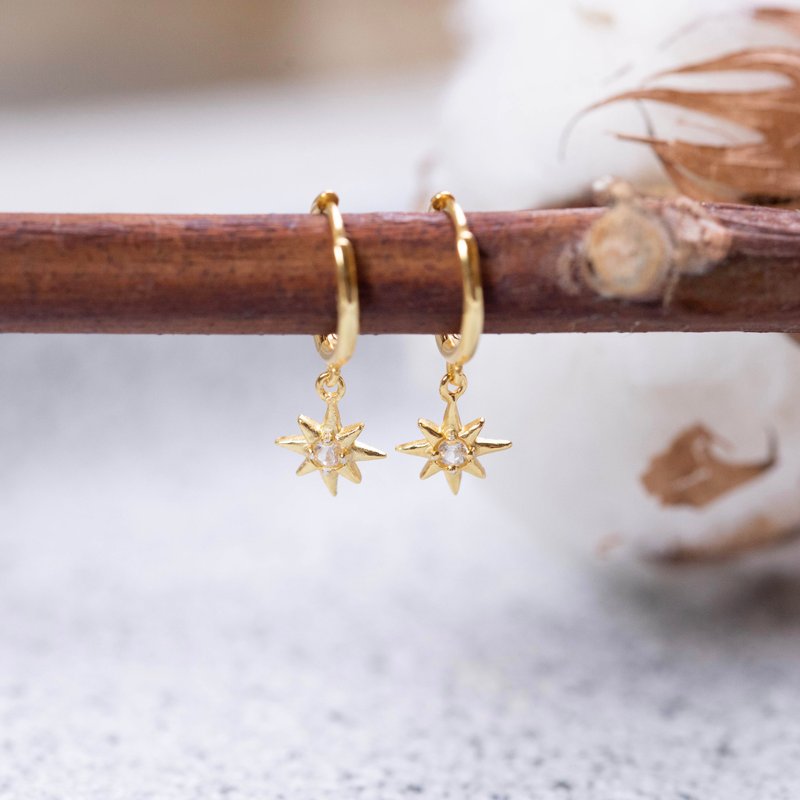 白水晶925纯银星芒耳扣耳环 - 耳环/耳夹 - 水晶 银色