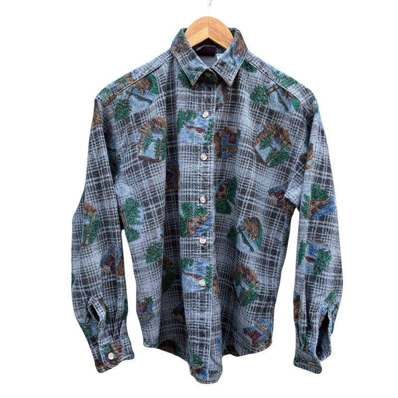 复古 Woolrich 船屋格纹衬衫 (女款 S) - 男装衬衫 - 棉．麻 灰色