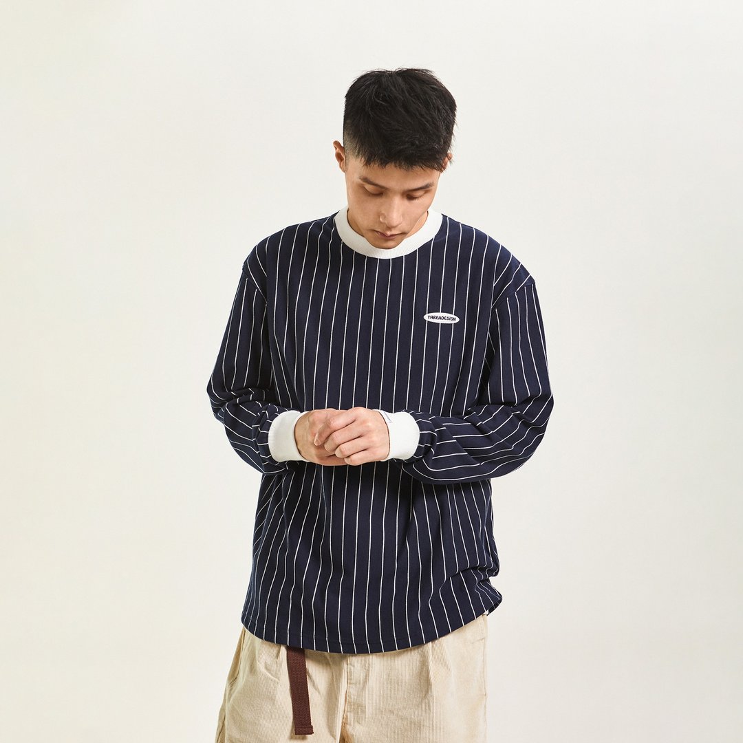 THREADESIGN LOGO刺绣撞色罗纹竖条纹长袖圆领T恤 - 男装上衣/T 恤 - 棉 白色