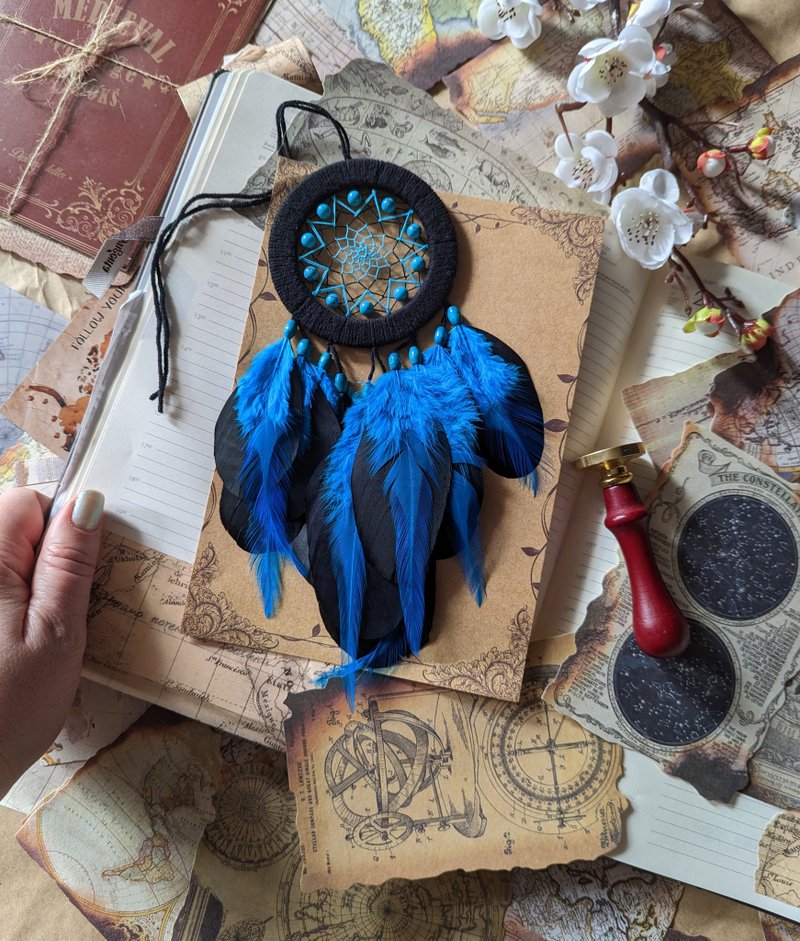 Handmade Turquoise Blue and Black Dream Catcher - Compact Feather Wall Decor - 墙贴/壁贴 - 绣线 黑色