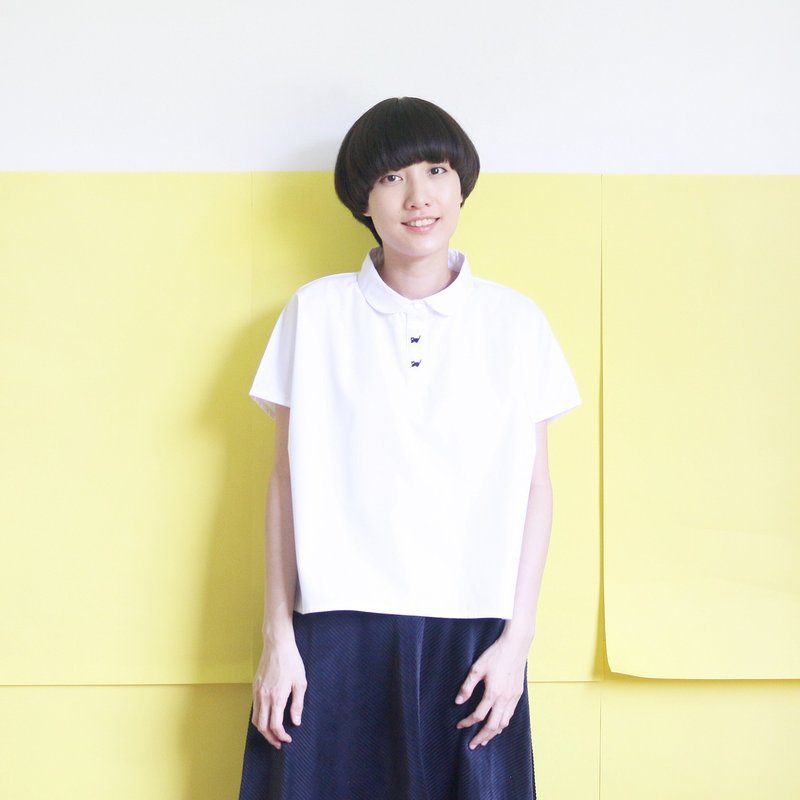 猫咪绣图上衣-米白色 - 女装上衣 - 棉．麻 白色