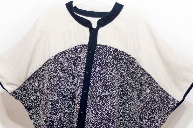 女装 蓝染刺绣衬衫 有机纯棉手绣上衣 手织布飞鼠袖刺子绣罩衫-线 - 女装衬衫 - 棉．麻 白色