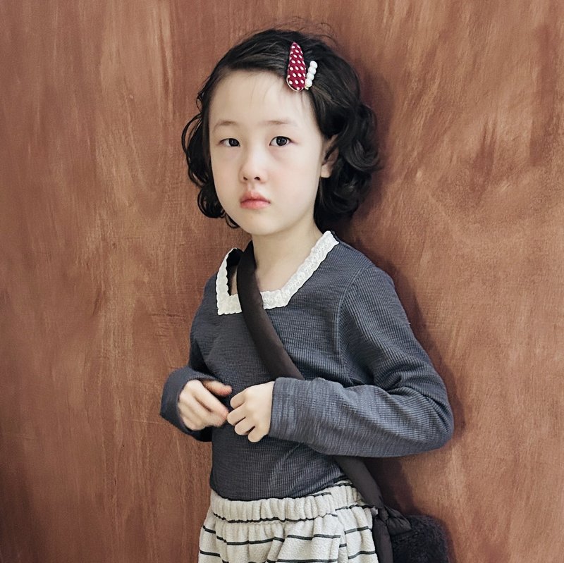 蕾丝方领纯棉长袖上衣 / 童装 - 童装上衣 - 棉．麻 灰色