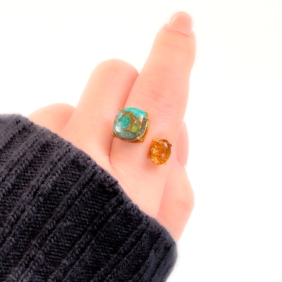 Copper Amazonite & Sunstone 戒指【附赠礼盒】 - 戒指 - 半宝石 蓝色