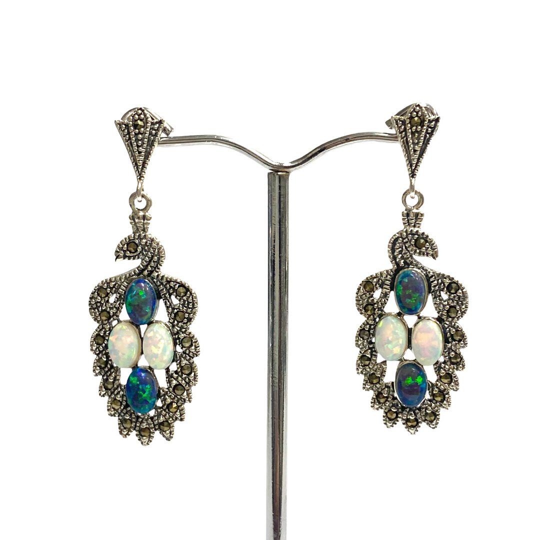 Art Nouveau Style Peacock Gilson Opal Pendant and Earrings 925 Sterling Silver - 耳环/耳夹 - 纯银 银色