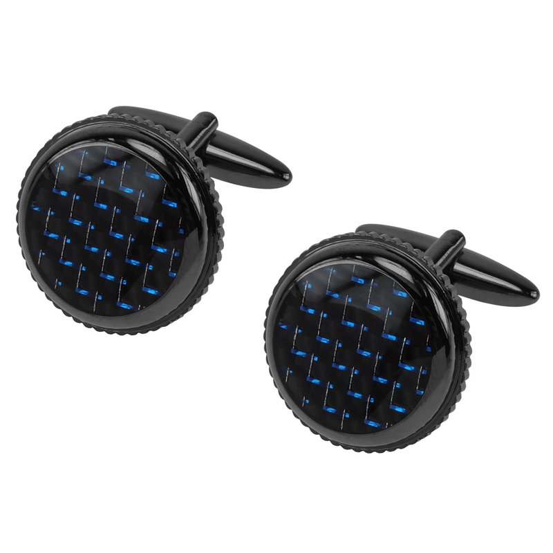 圆形黑色拼蓝色碳纤维袖扣 - 袖扣 - 其他金属 黑色