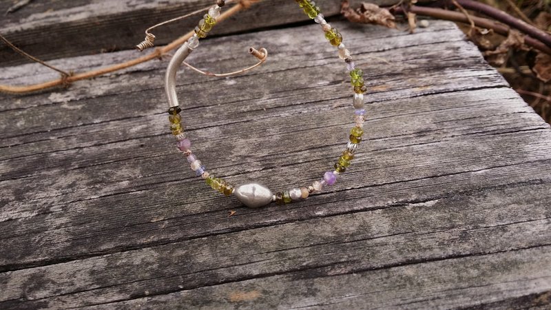 绿野缀晨曦   棕绿色矿石纯银手链  钙铝榴石 丹泉石 锆石  弧arc - 手链/手环 - 半宝石 绿色