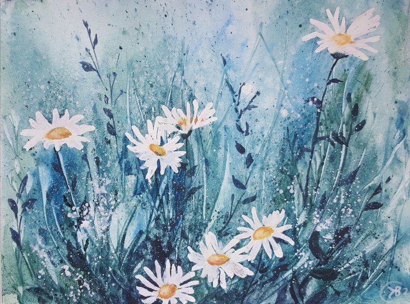 Daisies Watercolor Original Flower Painting Meadow painting - 海报/装饰画/版画 - 纸 多色