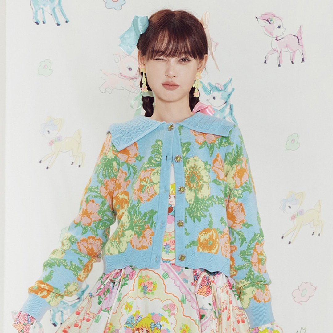 outlet品【TNTNTUTU × 清水】蓝色花卉图案复古缇花针织外套 2023 AW - 女装针织衫/毛衣 - 其他材质 蓝色