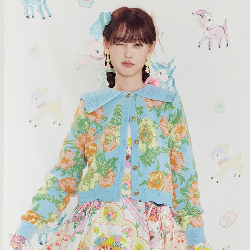 outlet品【TNTNTUTU × 清水】蓝色花卉图案复古缇花针织外套 2023 AW - 女装针织衫/毛衣 - 其他材质 蓝色