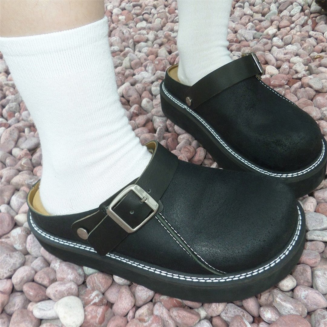 秋牙月雪 黑色厚底磨砂皮勃肯鞋 頭層磨砂牛皮拖鞋 35-39 - 其他女款皮鞋 - 真皮 黑色
