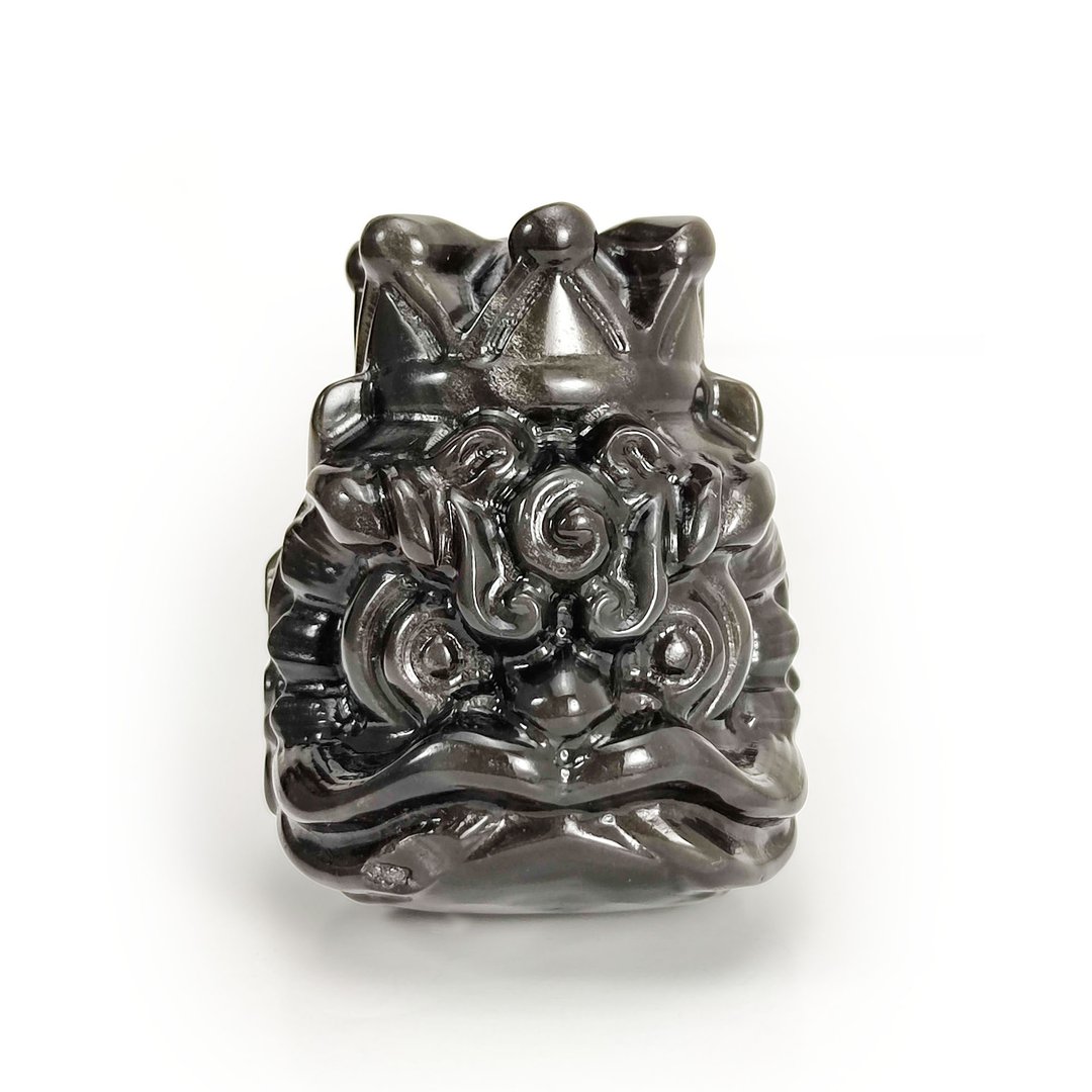 天然银曜石摆件 银色黑曜石 手工雕刻皇冠醒狮 吉祥兴旺祈求好运 - 摆饰 - 水晶 银色