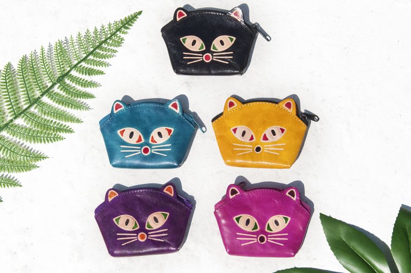 手工山羊皮零钱包/手绘风格皮革钱包/皮革小包/皮夹-可爱动物猫咪 - 零钱包 - 真皮 多色