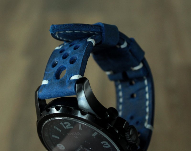 真皮表带男士皮革表带穿孔表带 - 表带 - 真皮 蓝色