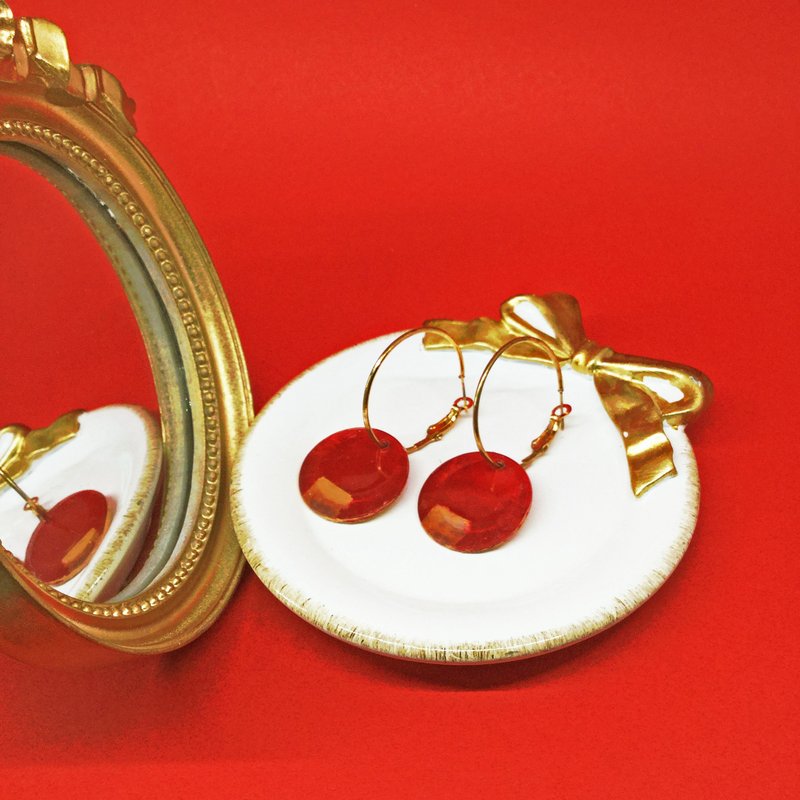 魔镜时光之镜面－指尖红（耳针式耳环/大尺寸）手工彩绘/几何/圆圈 - 耳环/耳夹 - 压克力 红色