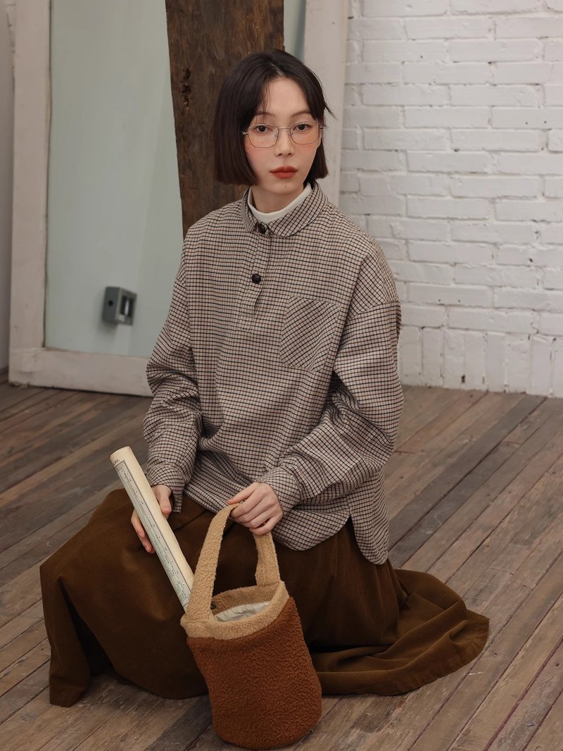 odd maker复古格子衬衫女宽松百搭套头工装翻领长袖格纹休闲衫衣 - 女装衬衫 - 棉 
