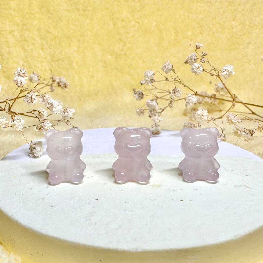 天然粉晶爱心鼻子小熊项链/手珠 可爱造型雕刻矿石饰品 - 手链/手环 - 水晶 粉红色