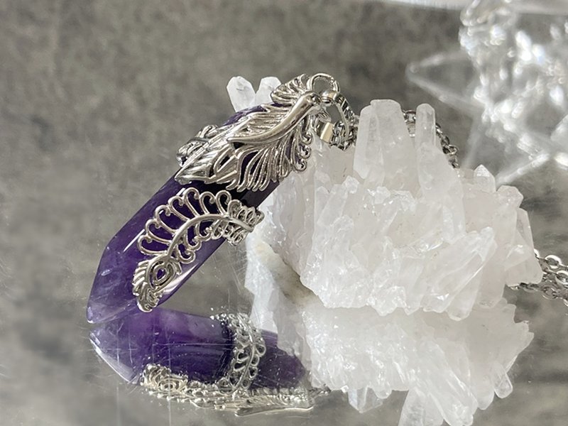 【蕨。双尖紫水晶。项链】六角水晶柱、紫晶、蕨类|钛钢、锁骨链 - 锁骨链 - 水晶 紫色