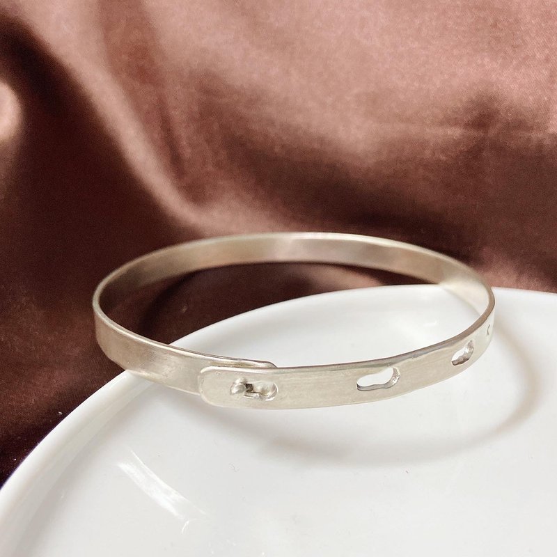 可刻字 手工表带款古董 纯银手环 手链 6mm - 手链/手环 - 铜/黄铜 银色