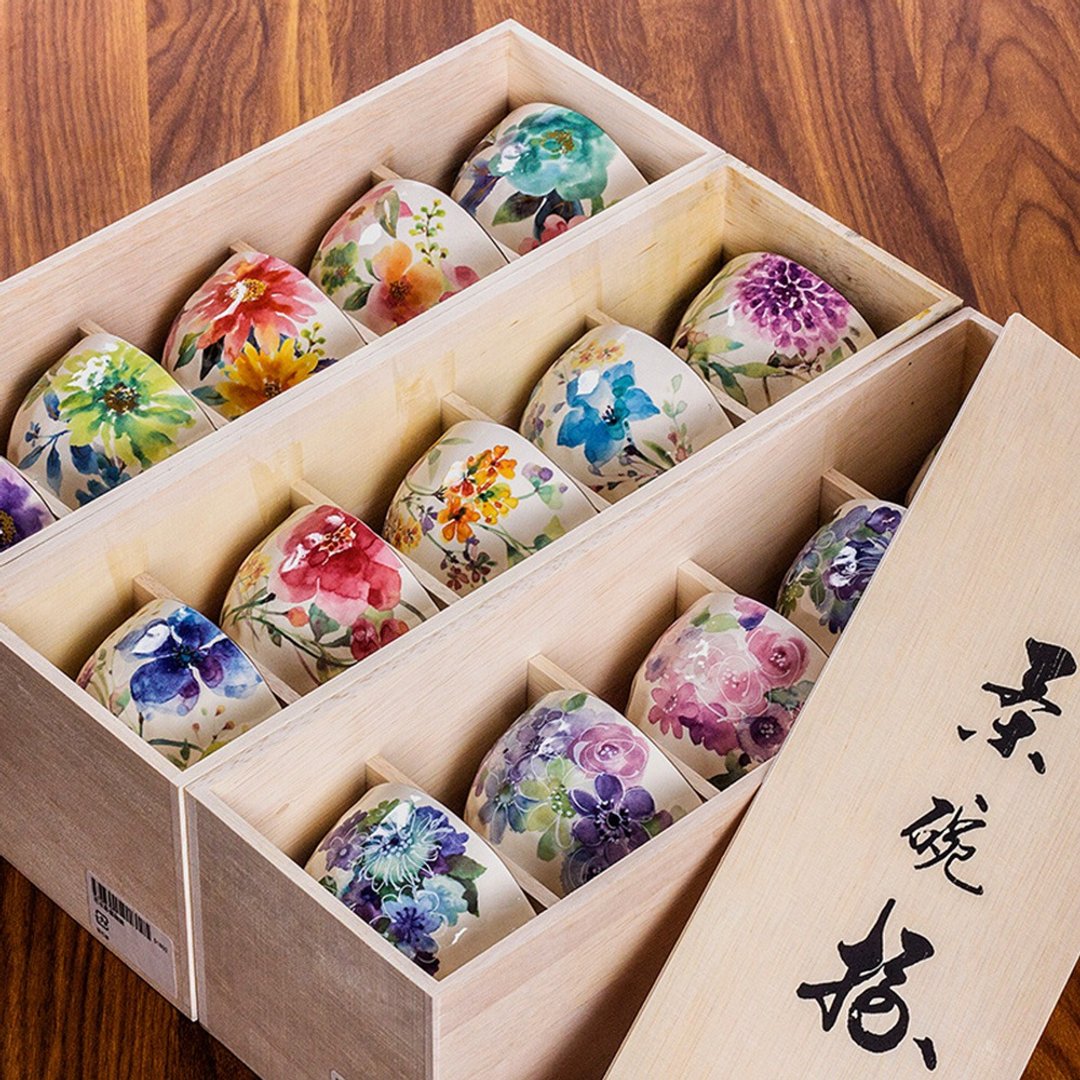 日本制美浓烧和蓝水彩花家用花卉陶瓷餐具米饭碗汤碗节日送礼盒装 - 碗 - 瓷 